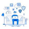Man working on laptop, secure cloud data connection