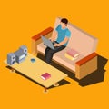 Man using laptop on sofa at home isometric vector