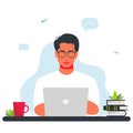 man working at laptop. Work at home concept design. Freelance man working on laptop.Freelancer programmer with a laptop. Royalty Free Stock Photo
