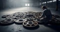 Man working with large gears in a vast, industrial warehouse with dramatic lighting Royalty Free Stock Photo