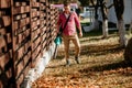 Man working with leaf blower in back yard Royalty Free Stock Photo