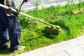 Man working mowing the grasson pavements in a street city