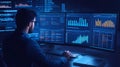 Man working on data analysis cybersecurity coding software development with multiple computer screens Royalty Free Stock Photo