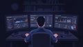 Man working on multiple computer screens in a dark room analyzing data and statistics Royalty Free Stock Photo