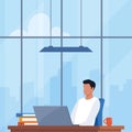 Man working in office, sitting at desk with laptop. Workplace with modern interior, panoramic windows, cityscape behind. Everyday Royalty Free Stock Photo