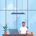 Man working in office, sitting at desk with laptop. Workplace with modern interior, panoramic windows, cityscape behind. Everyday Royalty Free Stock Photo