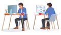 Man working in office. Worker at table. Laptop on desk. Person in front or back. Business character. People sitting on