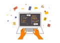 Data analysis vector Illustration with human hands of programmer working and coding on laptop