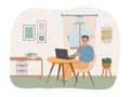 Man working online with laptop. Cheerful employee having distant job. Male character sitting at home and working