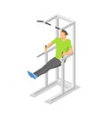 Man working out on dip station in the gym. Colorful isometric illlustration of fitness equipment in action. Flat vector