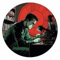 Comic Book Noir: A Man In A Suit And A Red Clock Working On A Machine