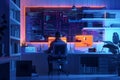 Man working remotely from home late night coding and programming on computer web development Royalty Free Stock Photo