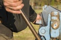 Man working on roof metal sheet in site construction Royalty Free Stock Photo