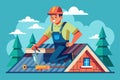 A man working on a roof with various tools in hand, focused on repair or construction, Roofer Customizable Semi Flat Illustration Royalty Free Stock Photo