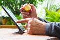 Man working on tablet computer with bitten apple in his hand. Wooden table. Green garden background. Royalty Free Stock Photo