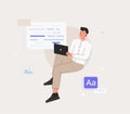 Man is working on ui ux design project. Programmer, sit on infographic and work on laptop. Freelancer working on web and Royalty Free Stock Photo