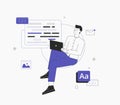 Man is working on ui ux design project. Programmer, sit on infographic and work on laptop. Freelancer working on web and Royalty Free Stock Photo