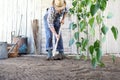 Man working in vegetable garden, hoe the ground near green plants Royalty Free Stock Photo