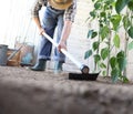 Man working in vegetable garden, hoe the ground near green plants, close up Royalty Free Stock Photo