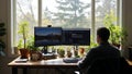 Man Working at Wooden Desk with Dual Monitors Royalty Free Stock Photo