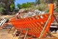 Man working on wooden fishing boat