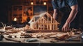 A man working on a wooden model of a house