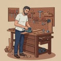 A man is working in a workshop using an electric planer on a wooden workbench. The Royalty Free Stock Photo