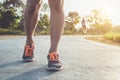 Man workout wellness concept : Runner feet with sneaker shoe run Royalty Free Stock Photo