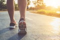 Man workout wellness concept : Runner feet with sneaker shoe run Royalty Free Stock Photo