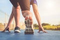 Man workout and wellness concept : Runner feet with sneaker shoe Royalty Free Stock Photo