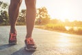 Man workout wellness concept : Runner feet with sneaker shoe run Royalty Free Stock Photo