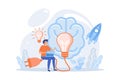 A man in workplace with laptop, big light bulb, rocket and human brain. Idea, start up launching, business success,