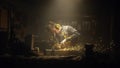 A man works with a circular saw. Worker grinder grinds metal in workshop. Sparks fly from hot metal. The man worked hard on the