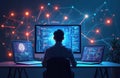 Man works on computer coding data. Multiple screens show code and AI brain graphic. Futuristic digital network illuminates Royalty Free Stock Photo
