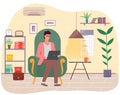 Man works with computer correspondence surfing Internet. Male character communicates through network