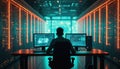 Man works at computer desk in modern datacenter. Servers in rack, tech infrastructure. Database support, network security. Data Royalty Free Stock Photo
