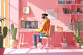 Man works on the computer at home. 3D illustration. Boy programming on a computer. Cartoon 3D art