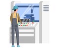 Man works with control panel of equipment, industrial printer. Employee controls printing process