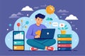 A man works on a laptop to analyze big data in a vibrant cloud-themed setting filled with graphics, Man using laptop for big data Royalty Free Stock Photo