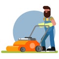 Man works with a lawn mower