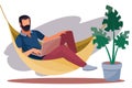A man works remotely on a computer, lies in a hammock, coziness, comfort, freelance, vector illustration, eps