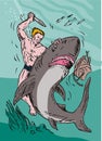 Man wrestling with shark