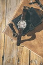 Man wristwatch, calendar, key and glasses on a old table. Royalty Free Stock Photo