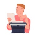 Man Writer Character at Typewriter Writing Book Engaged in Creative Literary Work Vector Illustration