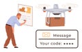 Man Writing Notes, Drone Delivering Package, and Secure Code Message Concept Royalty Free Stock Photo