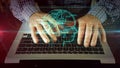 Man writing on laptop keyboard with artificial inteligence