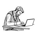 Man Writing in Notebook While Working on Laptop in Cozy Academic Setting Royalty Free Stock Photo