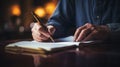 A man writing on a piece of paper with his pen, AI Royalty Free Stock Photo