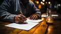 A man is writing on a piece of paper with his pen, AI Royalty Free Stock Photo