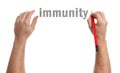 Man writing word Immunity on white background, closeup Royalty Free Stock Photo
